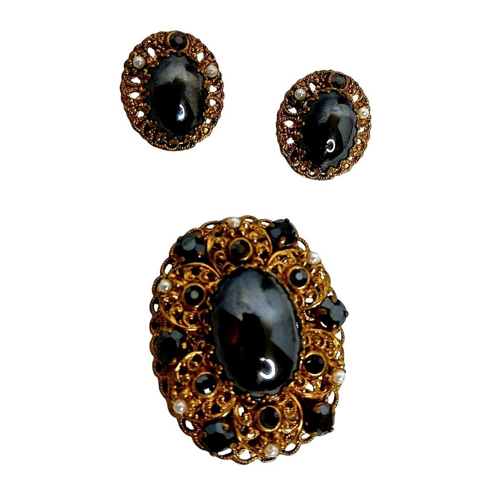 Vintage West Germany Hematite Glass Rhinestone Pearl Filigree Brooch Earring Set